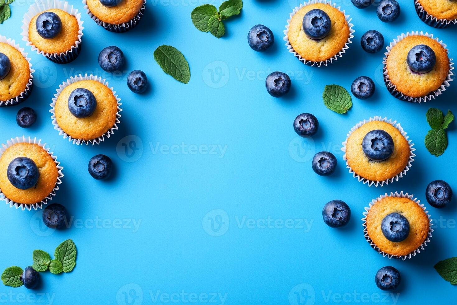 Top View Of Blueberry Muffins On Vibrant Background With Copy Space, Food Setting photo