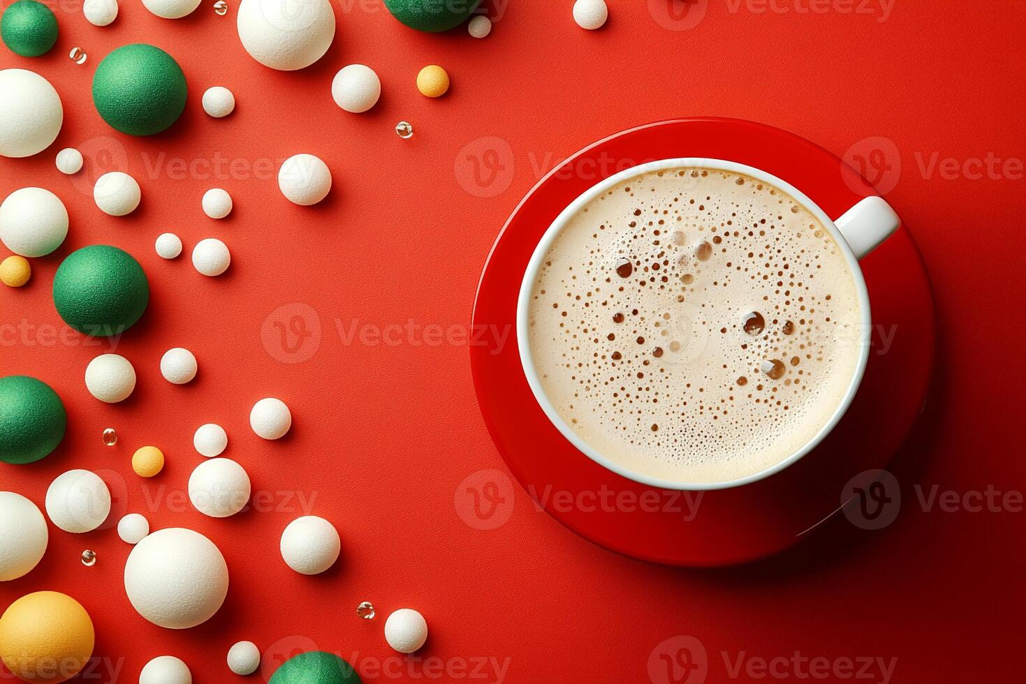 Top View Of Cappuccino With Foam Art On Vibrant Background With Copy Space, Food Setting photo