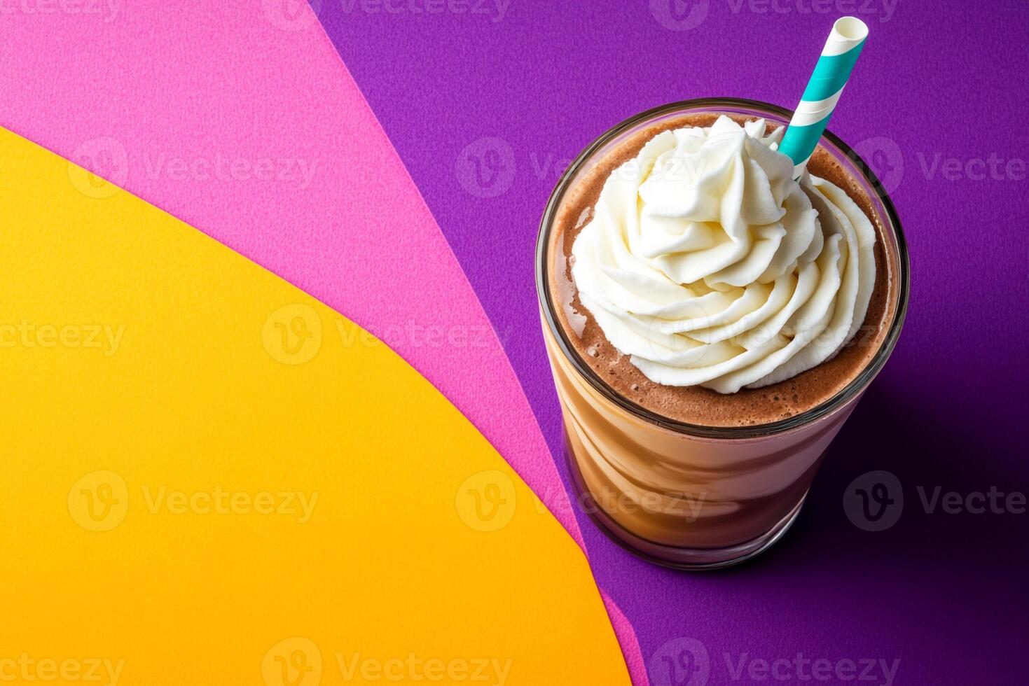 Top View Of Chocolate Milkshake With Whipped Cream On Vibrant Background With Copy Space, Food Setting photo