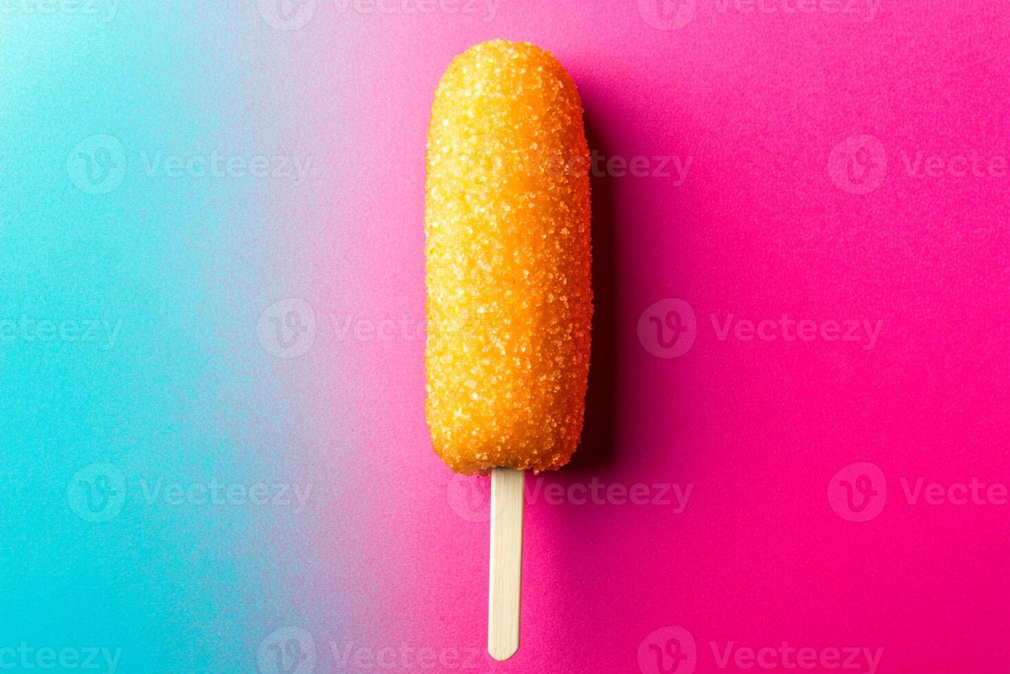 Top View Of Corn Dog With Mustard On Vibrant Background With Copy Space, Food Setting photo