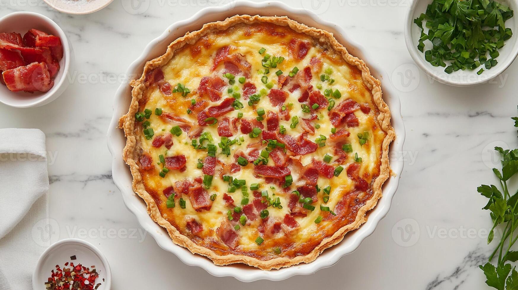 Top View Quiche Lorraine With Bacon, Food Image photo