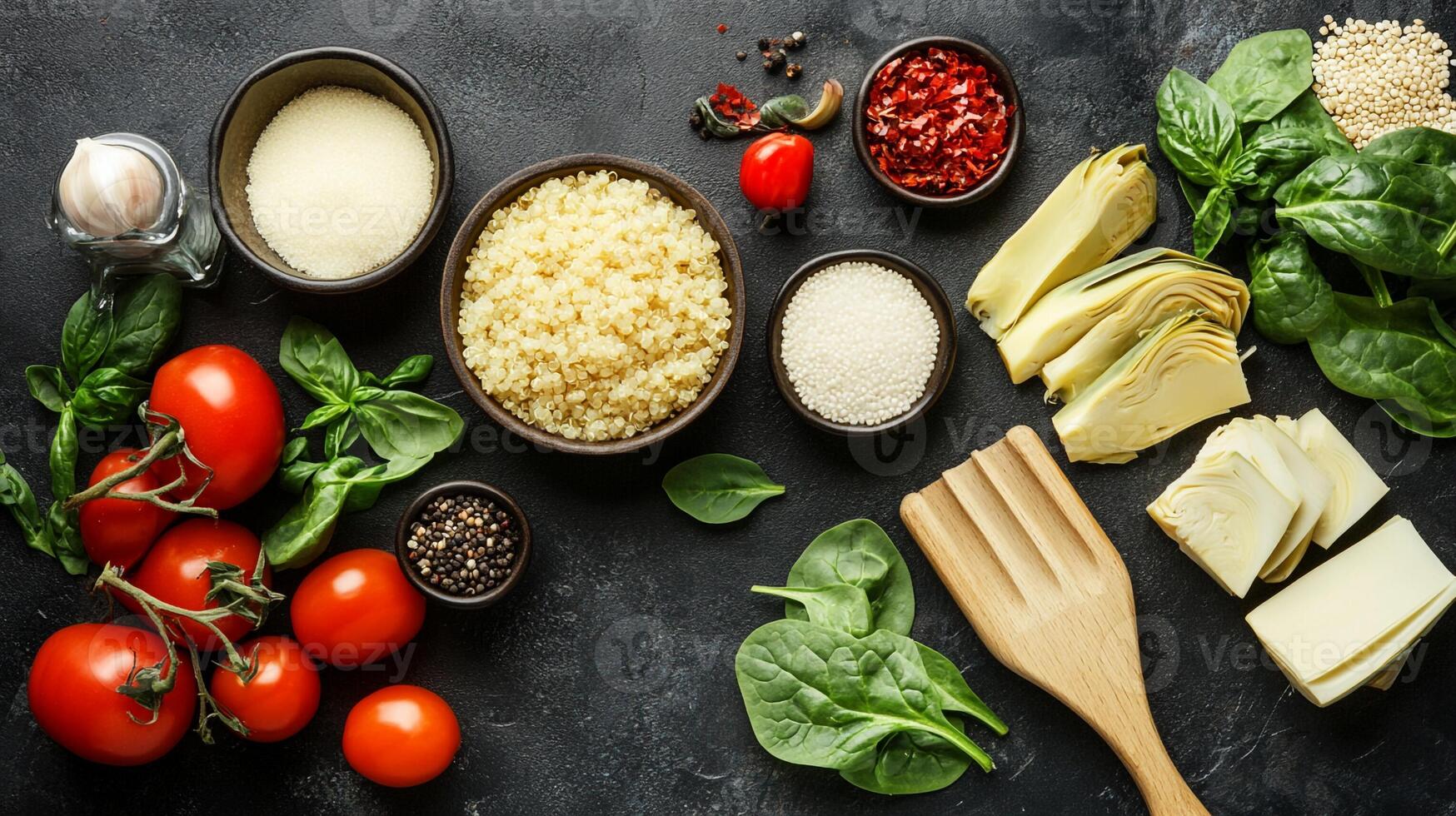 Top View Spinach And Artichoke Quinoa Bowl, Food Image photo