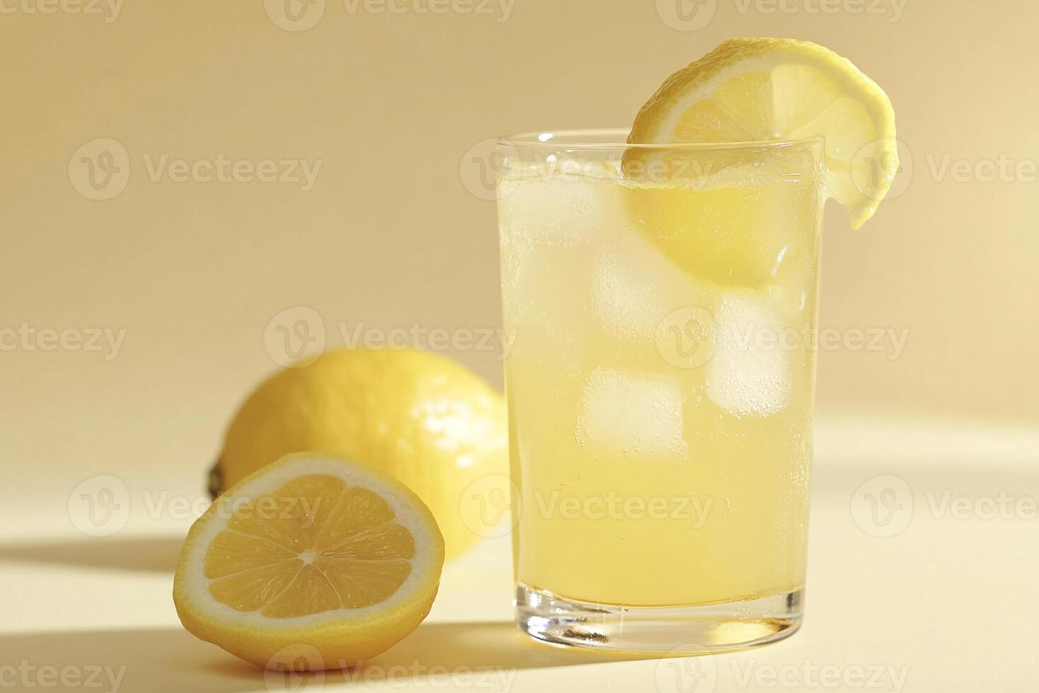 A glass of lemonade with a slice of lemon photo