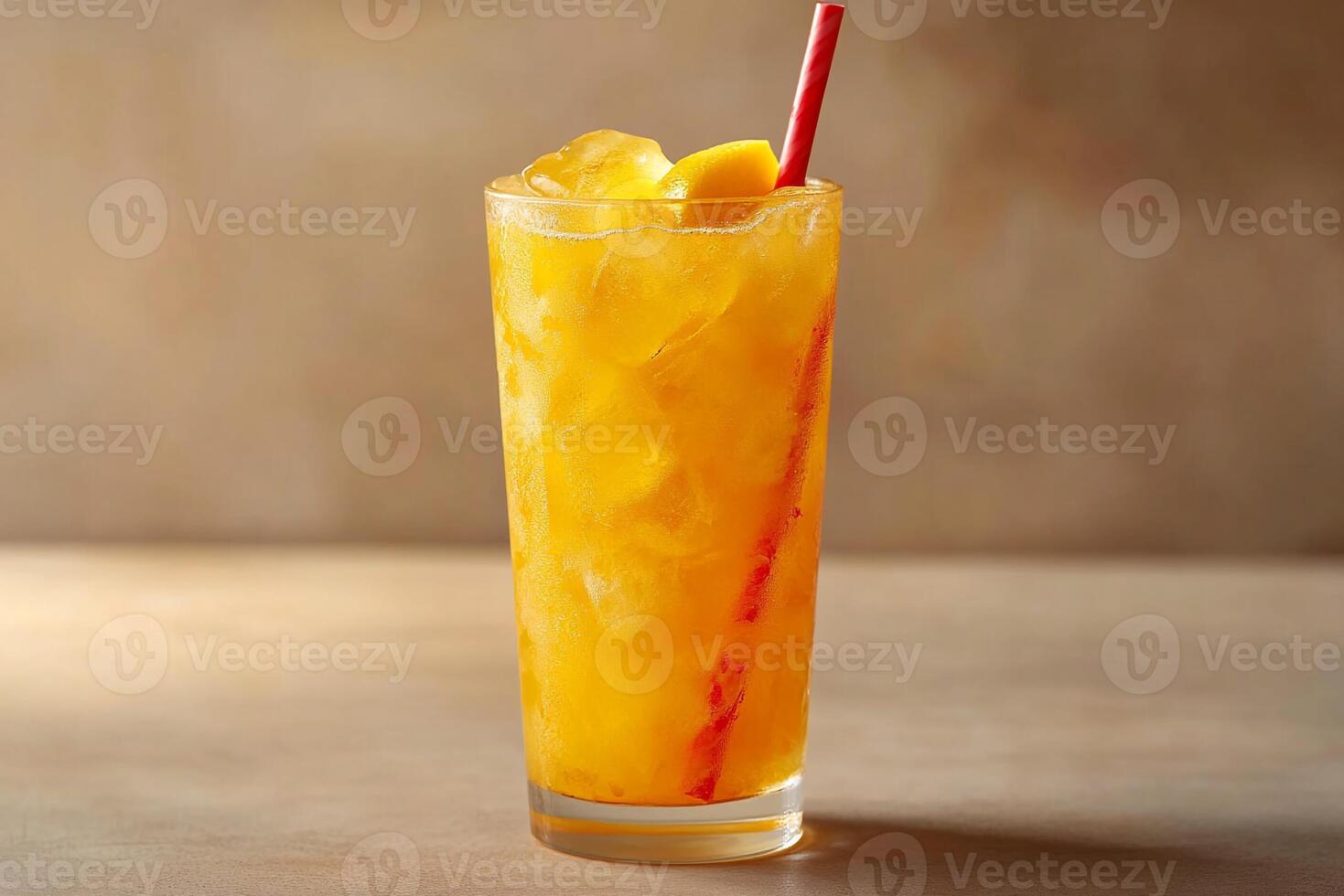 A glass of orange juice with a red straw photo
