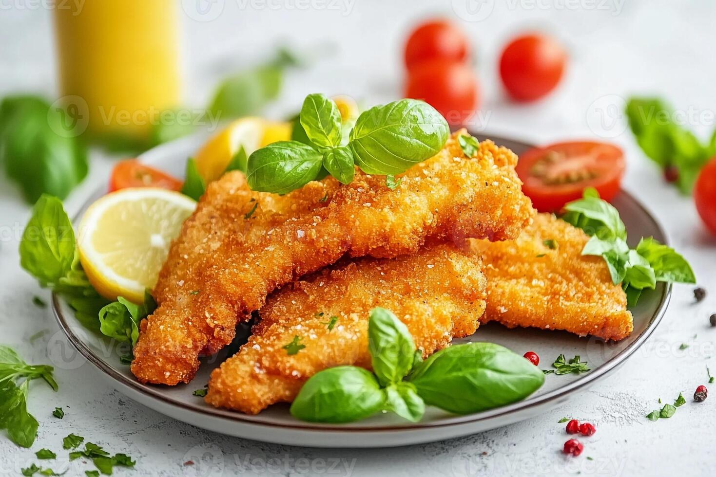 Fried fish fillets with lemon and herbs on a plate photo