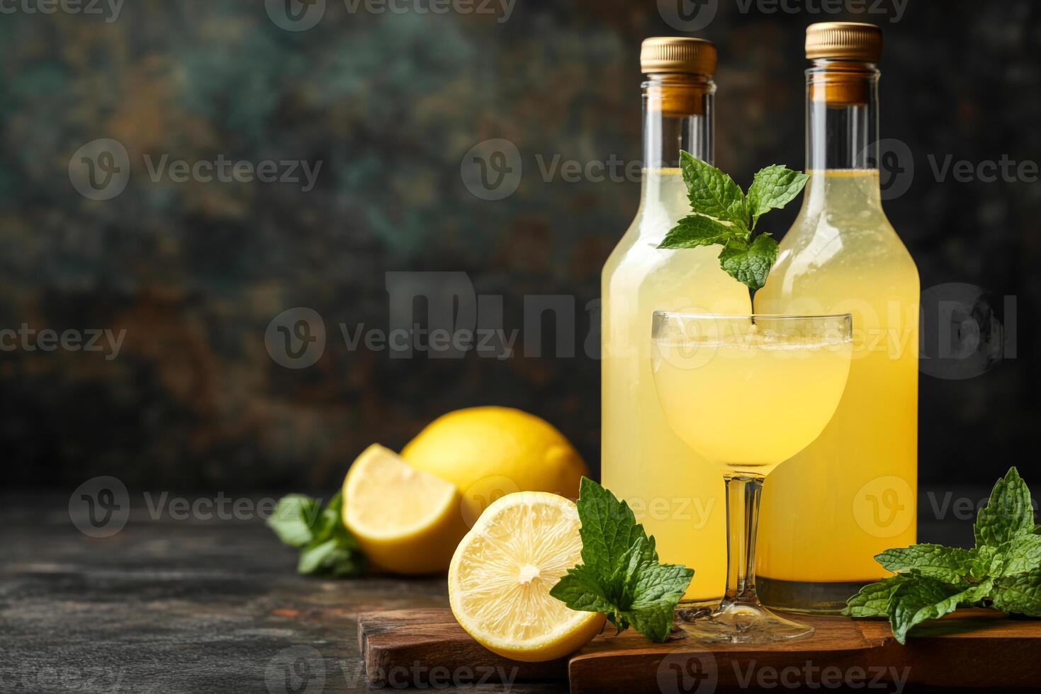 Lemonade with lemon slices and mint leaves on dark background photo