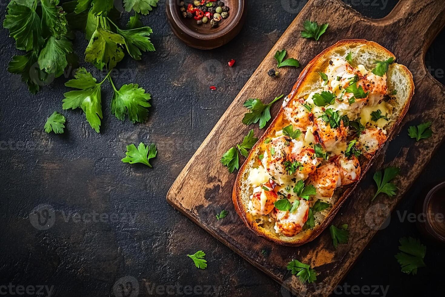 A bread with shrimp and herbs on top photo