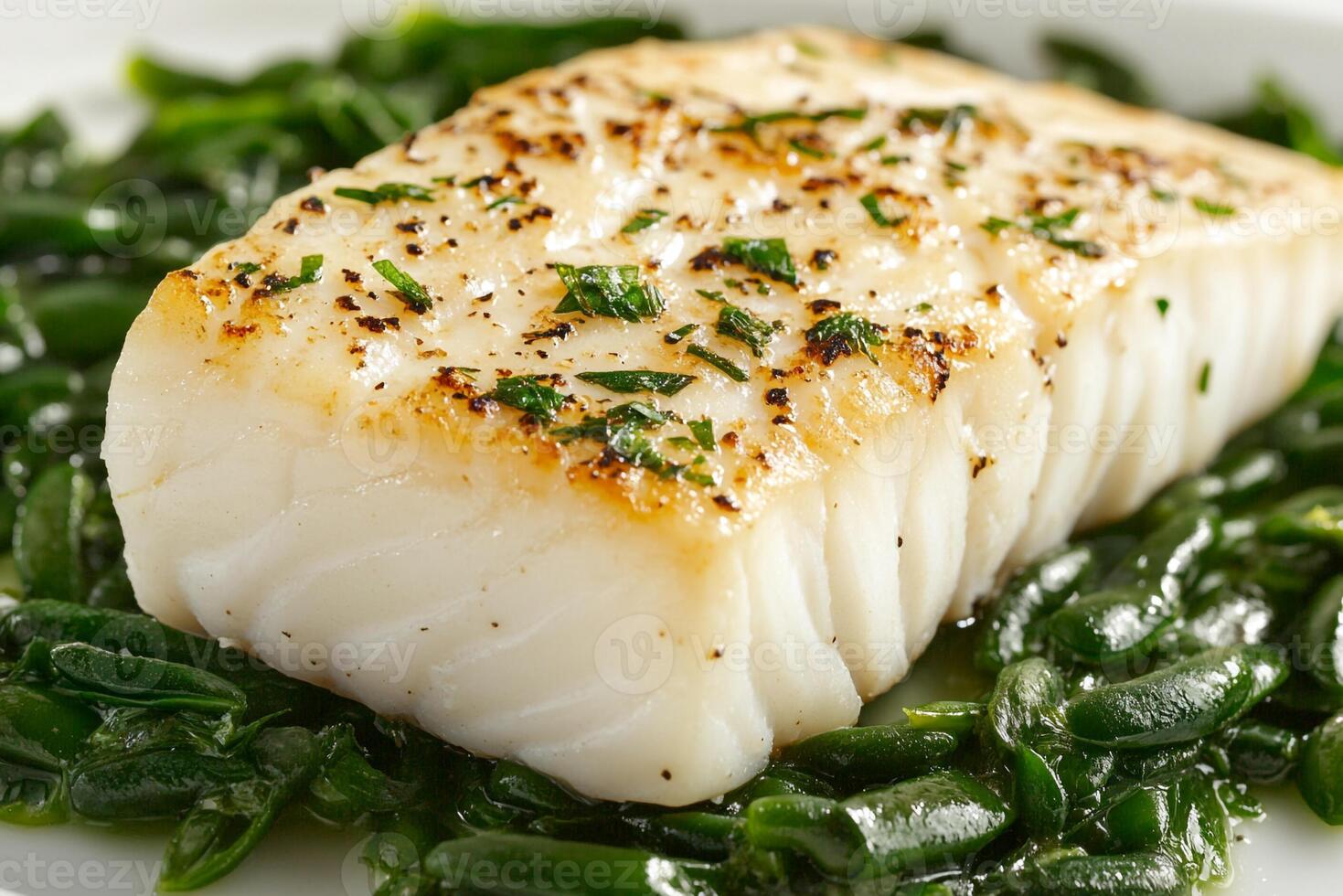 Pan-Seared Halibut With Sea Beans, Copy Space, Food Image photo