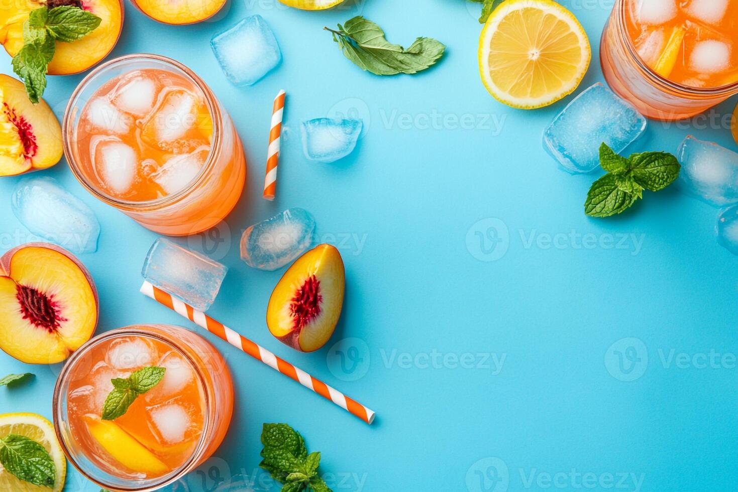 Top View Of Iced Peach Lemonade On Vibrant Background With Copy Space, Food Image photo
