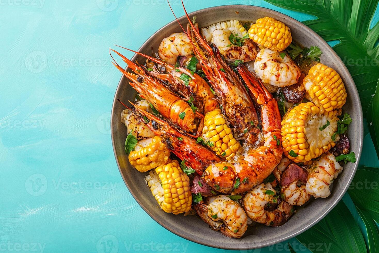 Top View Of Large Seafood Boil On Vibrant Background With Copy Space, Food Image photo
