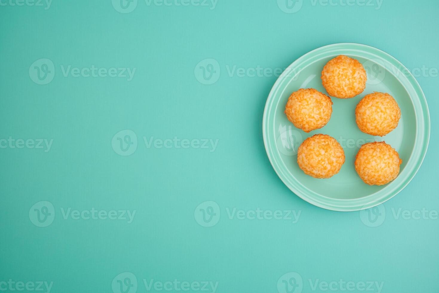 Top View Of Maryland Crab Cakes With Remoulade On Vibrant Background With Copy Space, Food Image photo