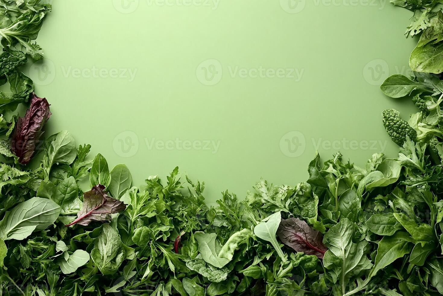 Top View Of Mixed Green Salad With Dijon Vinaigrette On Vibrant Background With Copy Space, Food Image photo
