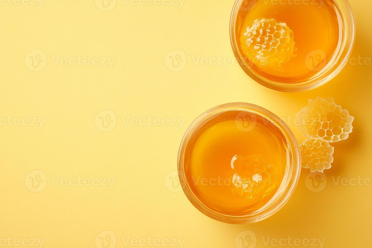 Top View Of Mead And Honeycomb Pairing On Vibrant Background With Copy Space, Food Image photo