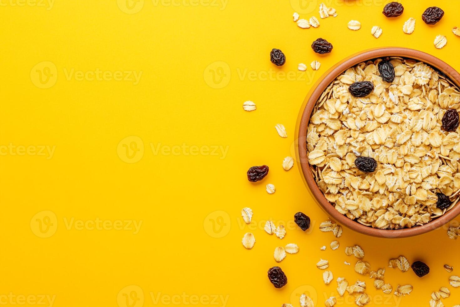 Top View Of Oatmeal With Brown Sugar And Raisins On Vibrant Background With Copy Space, Food Image photo