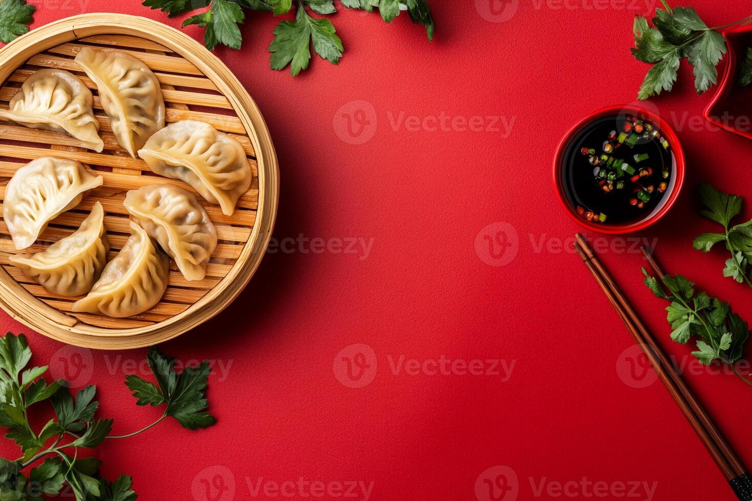 Top View Of Pork Dumplings With Soy Ginger Sauce On Vibrant Background With Copy Space, Food Image photo