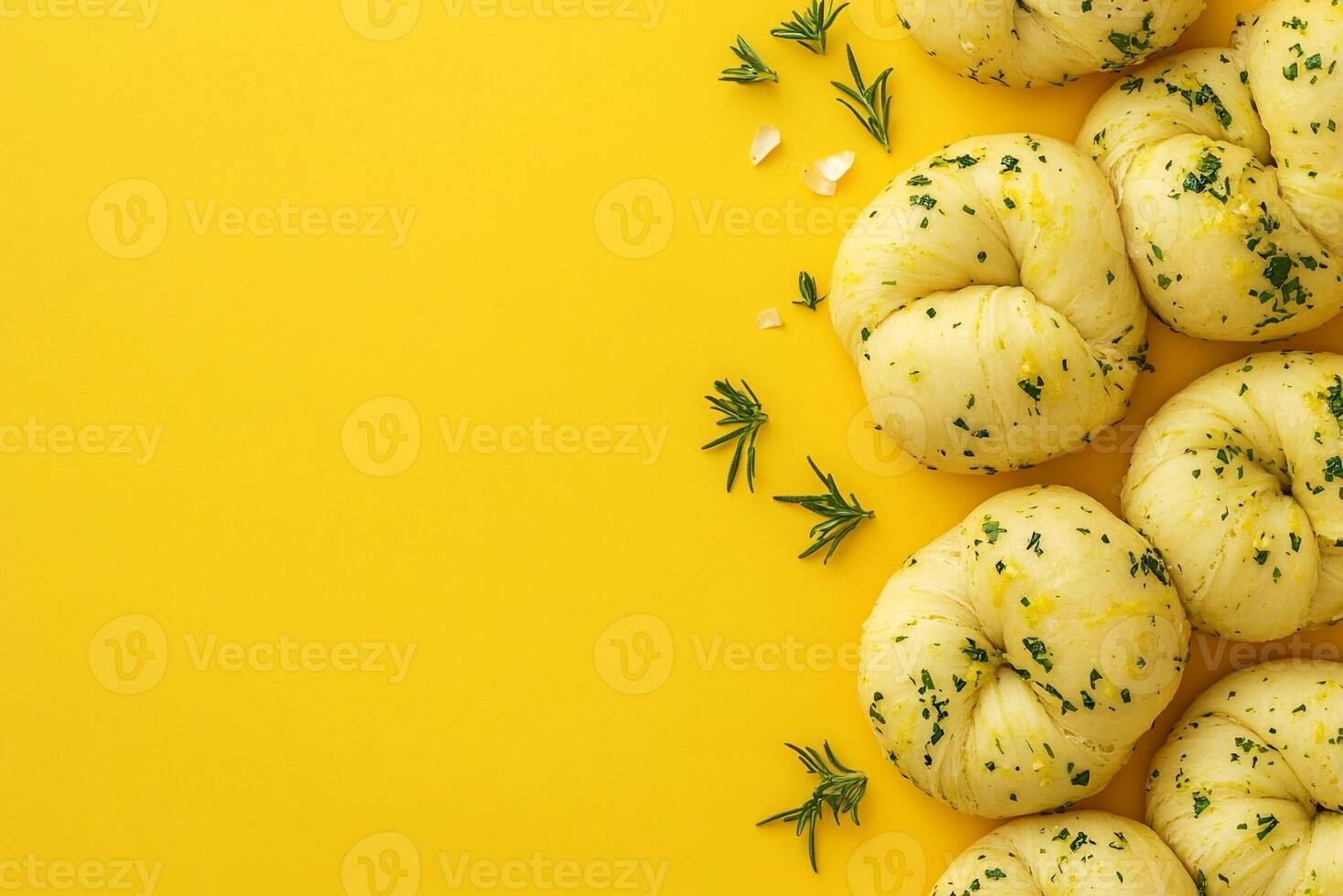 Top View Of Pre-Packaged Garlic Knots On Vibrant Background With Copy Space, Food Image photo