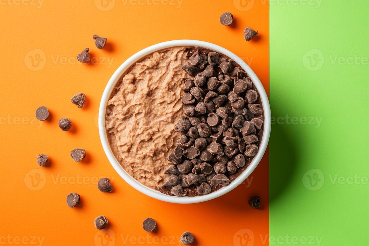Top View Of Pre-Packaged Chocolate Mousse On Vibrant Background With Copy Space, Food Image photo