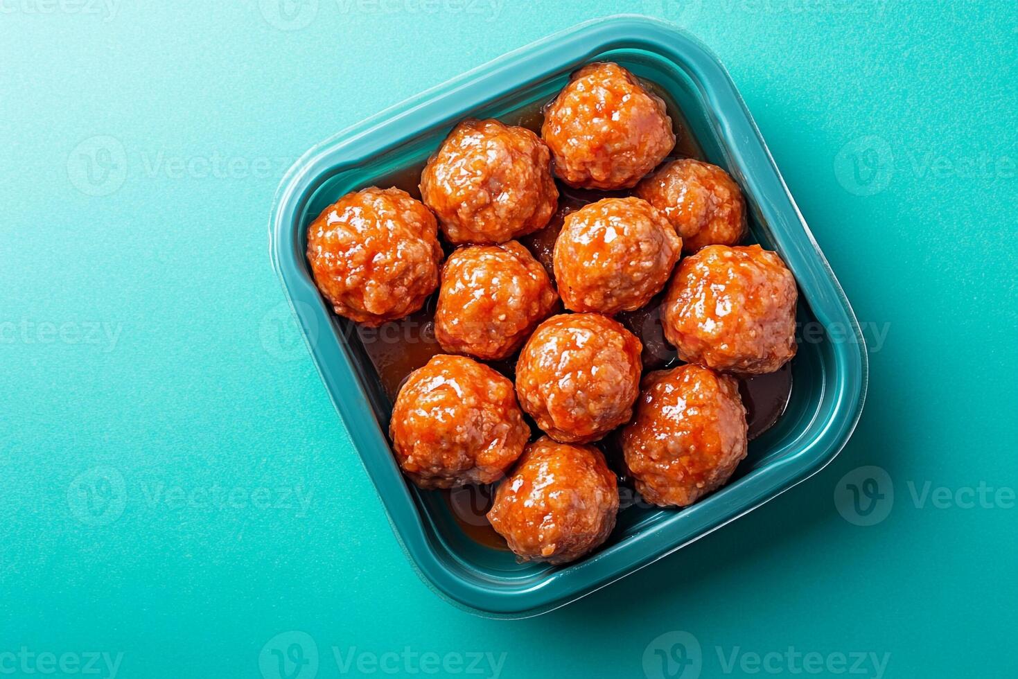 Top View Of Pre-Packaged Meatballs On Vibrant Background With Copy Space, Food Image photo