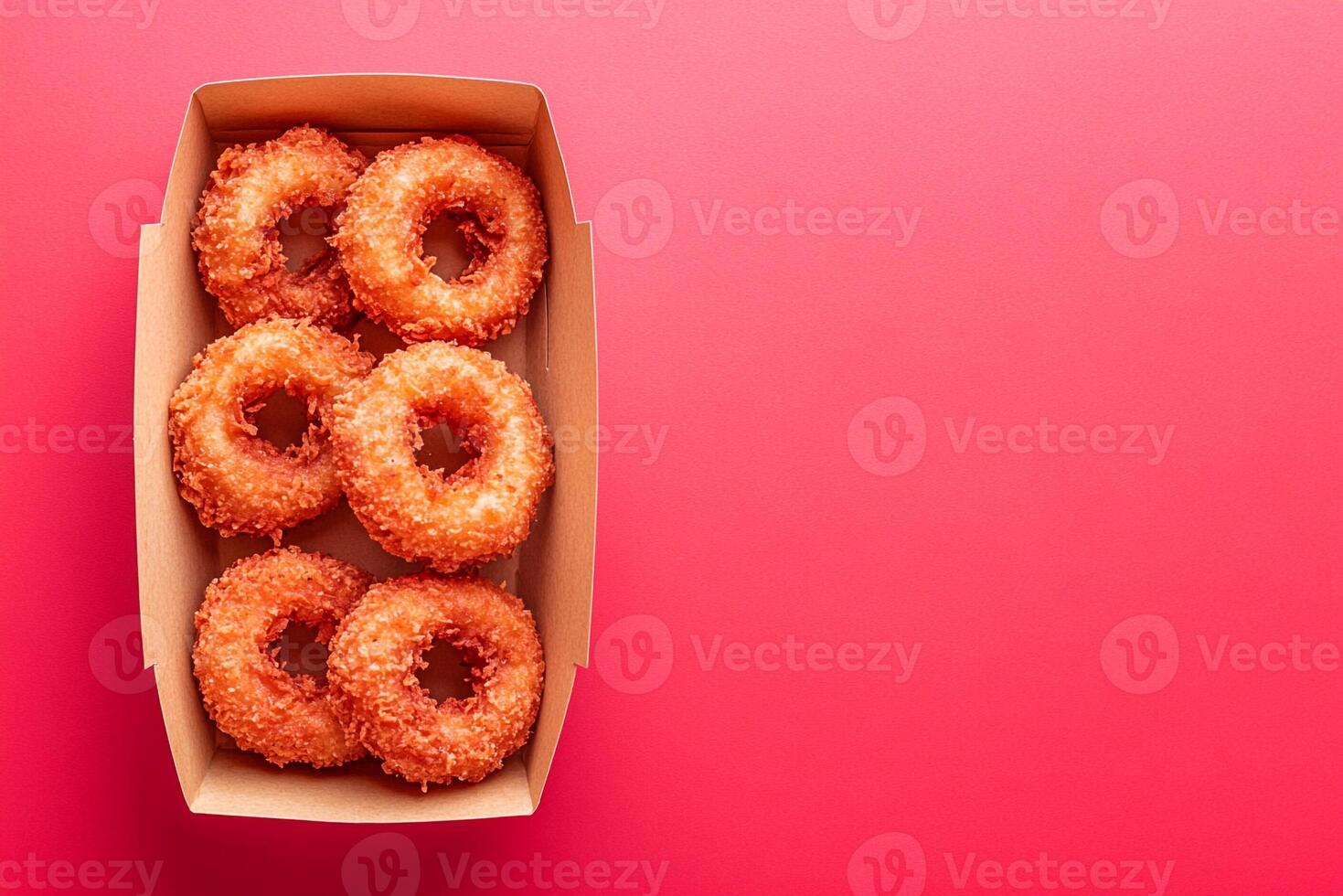 Top View Of Pre-Packaged Onion Rings On Vibrant Background With Copy Space, Food Image photo