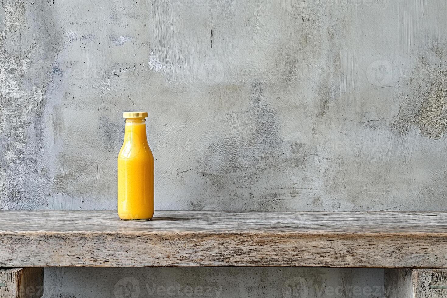A bottle of orange juice sits on a table photo
