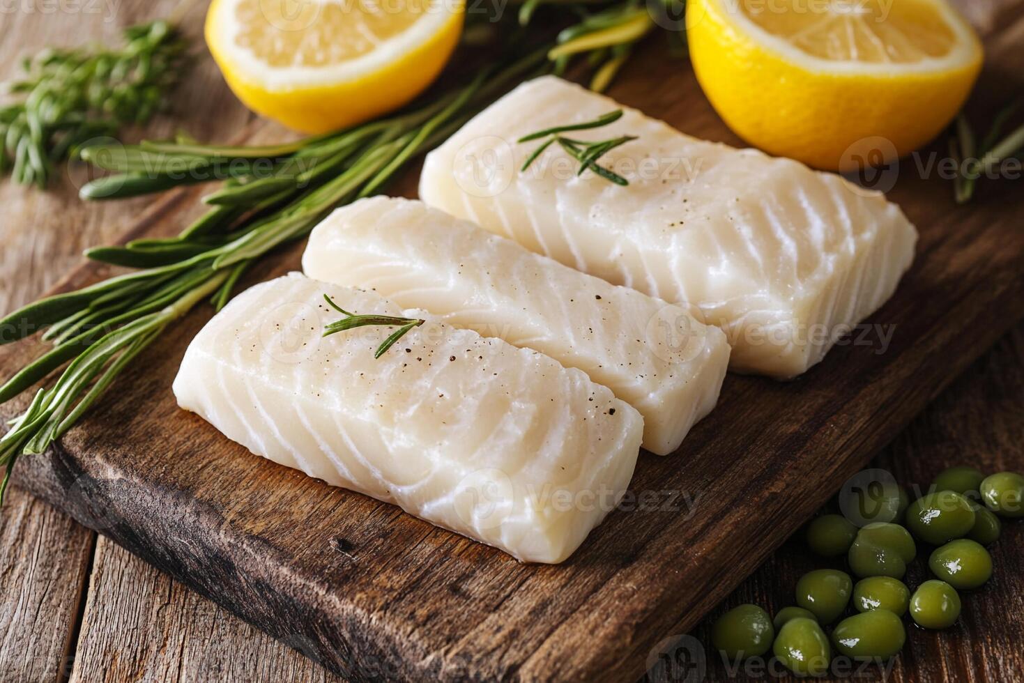 Three fillets of cod are on a cutting board photo