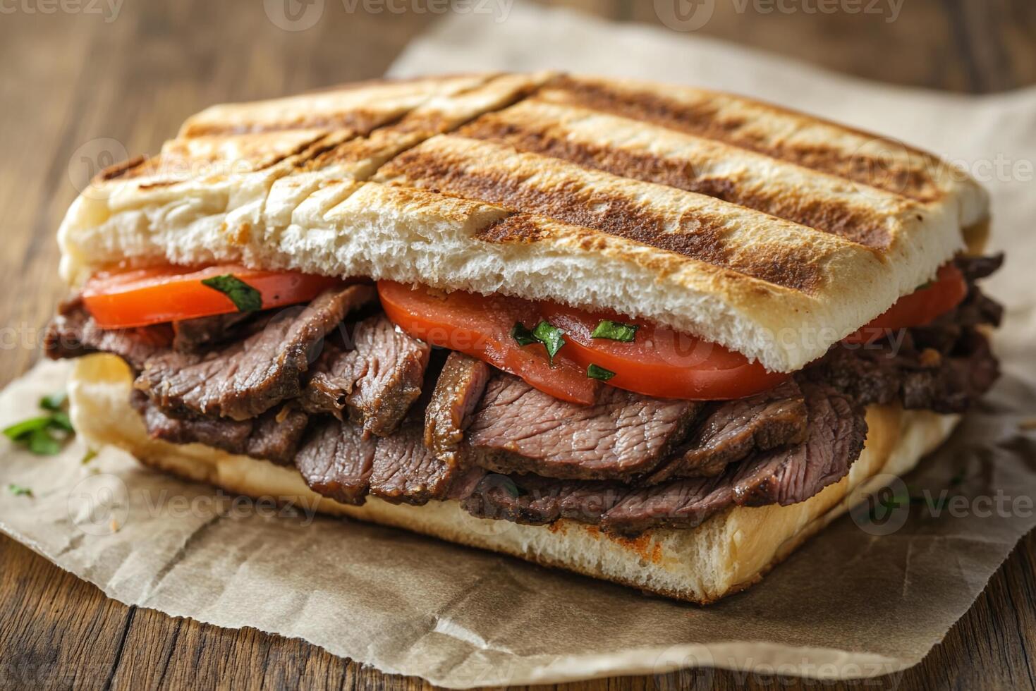 A grilled steak sandwich with tomatoes and cheese photo