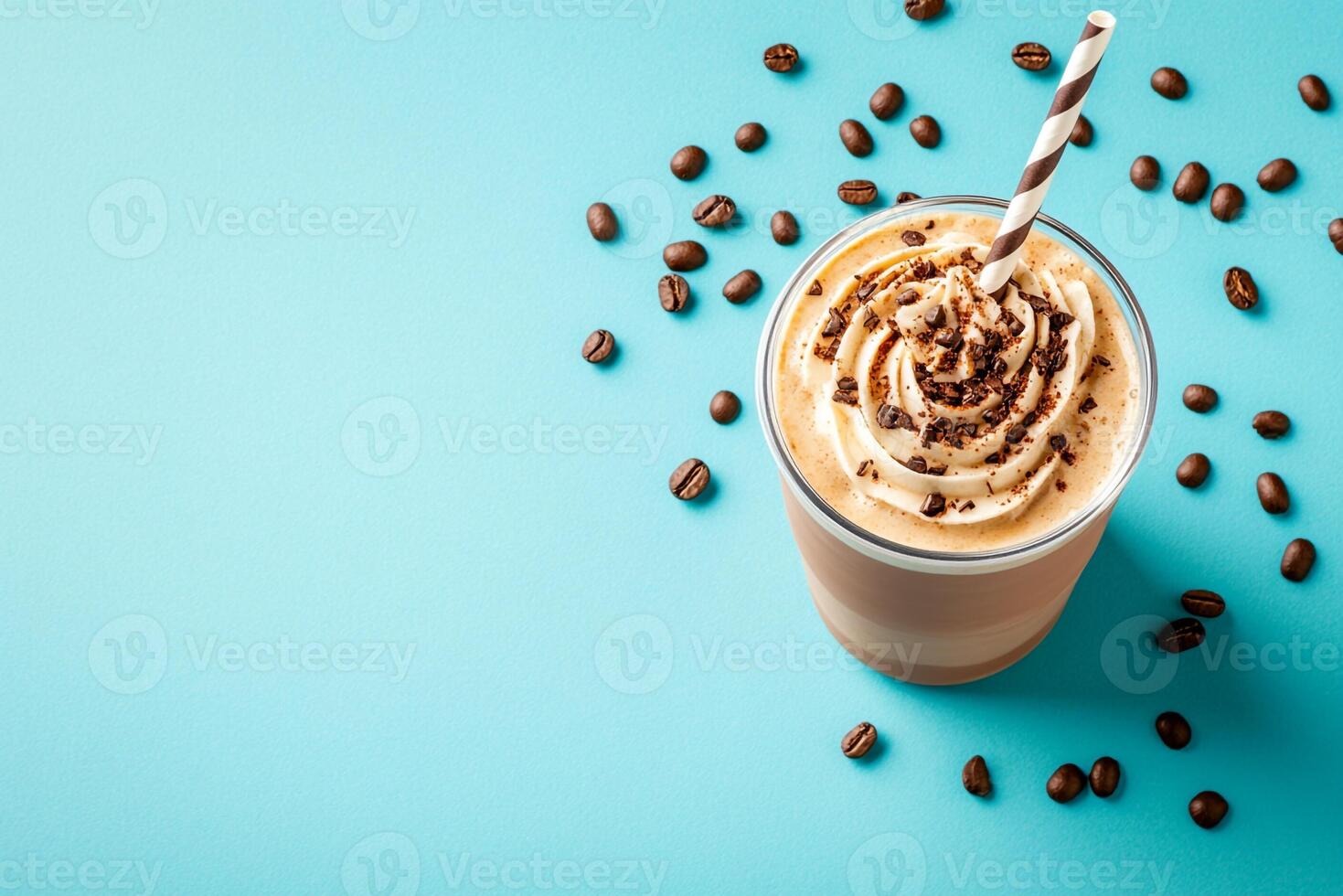 Top View Of Blended Mocha Frappuccino On Vibrant Background With Copy Space, Cuisine Photography photo