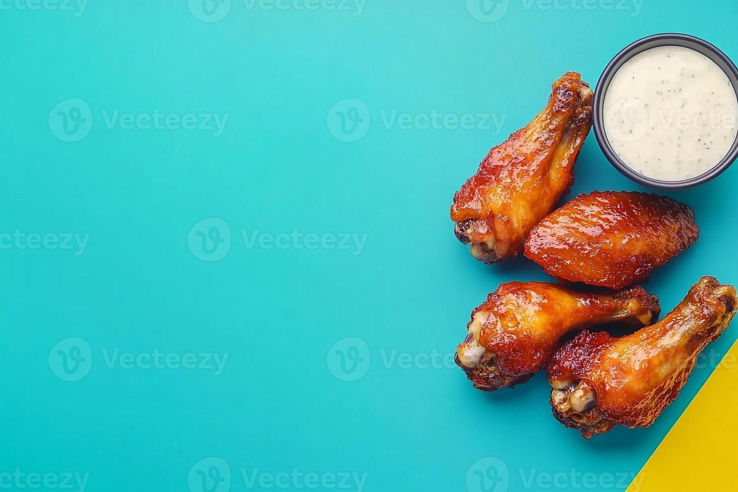 Top View Of Buffalo Wings With Ranch Dip On Vibrant Background With Copy Space, Cuisine Photography photo