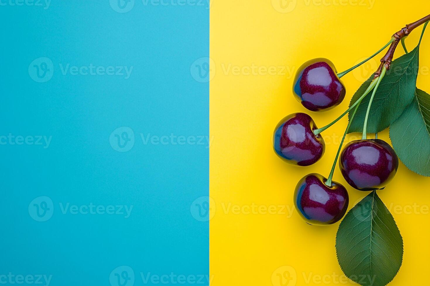 Top view Cherry on a vibrant background, plant setting photo