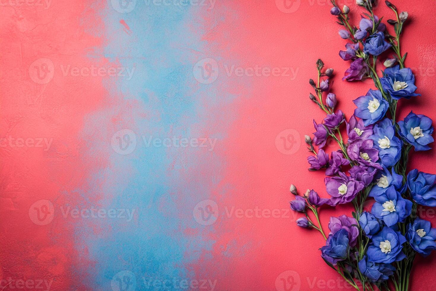 Top view photorealistic Delphinium, flower set on a vibrant background photo