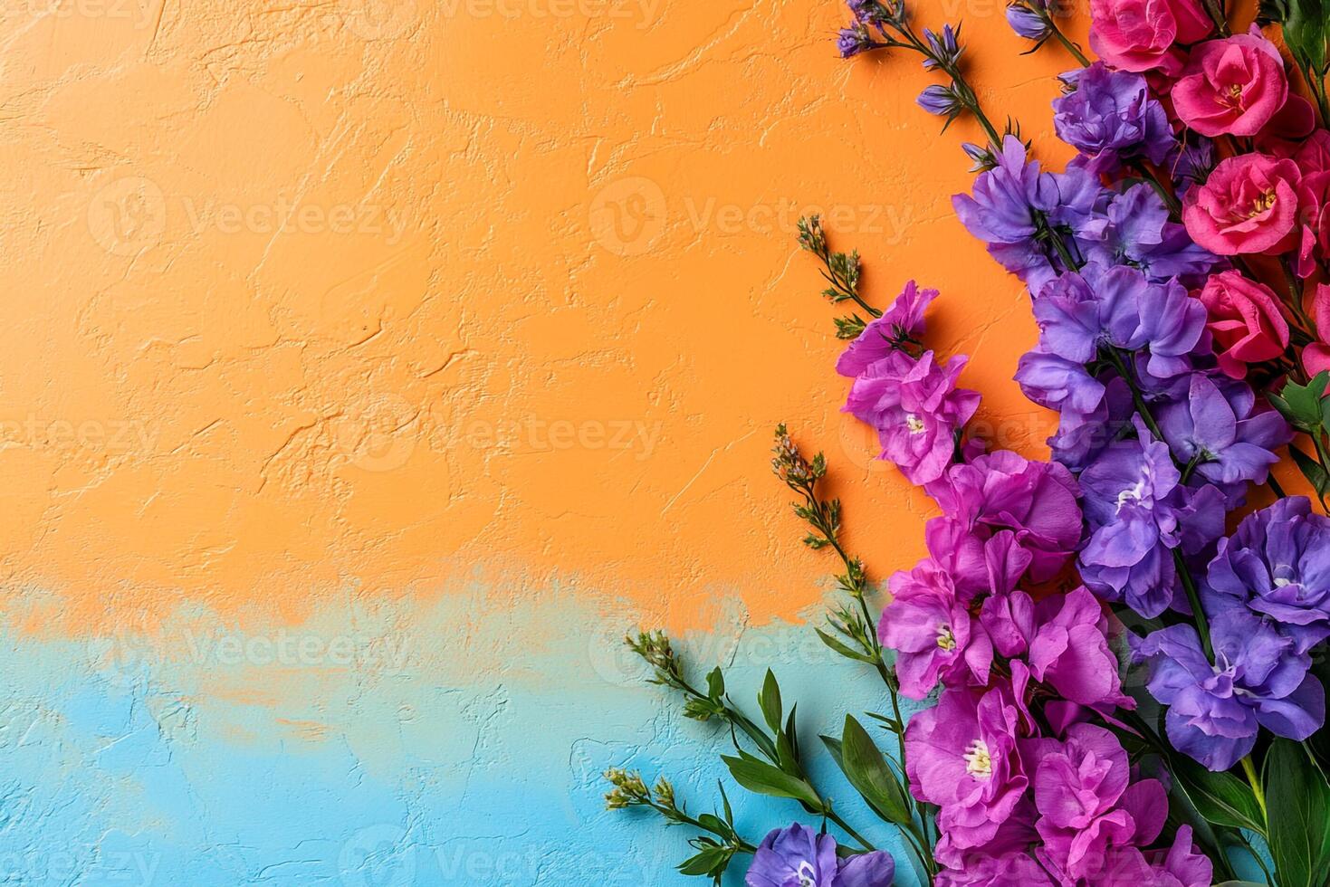 Top view Delphinium on a vibrant background, flower setting photo