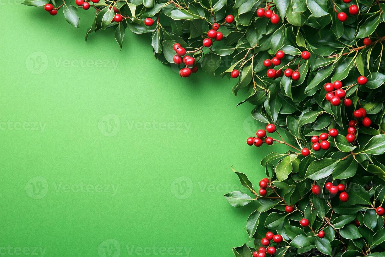 Holly on a vibrant background, top view photorealistic plant photo