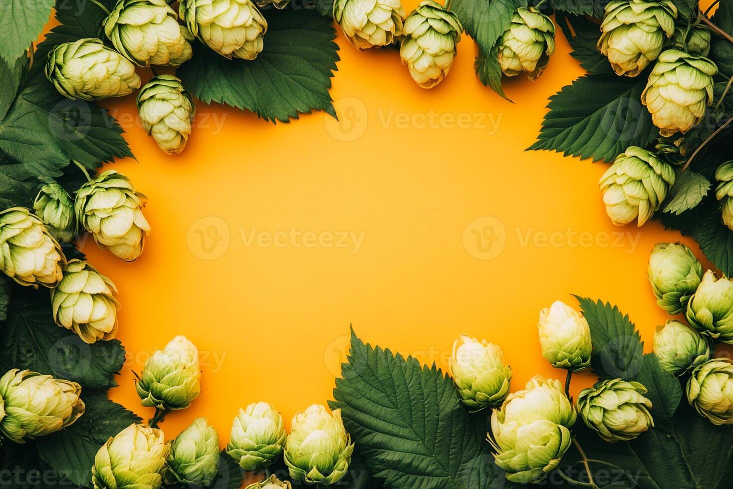 Hops on a vibrant background, photorealistic top view Hops plant photo