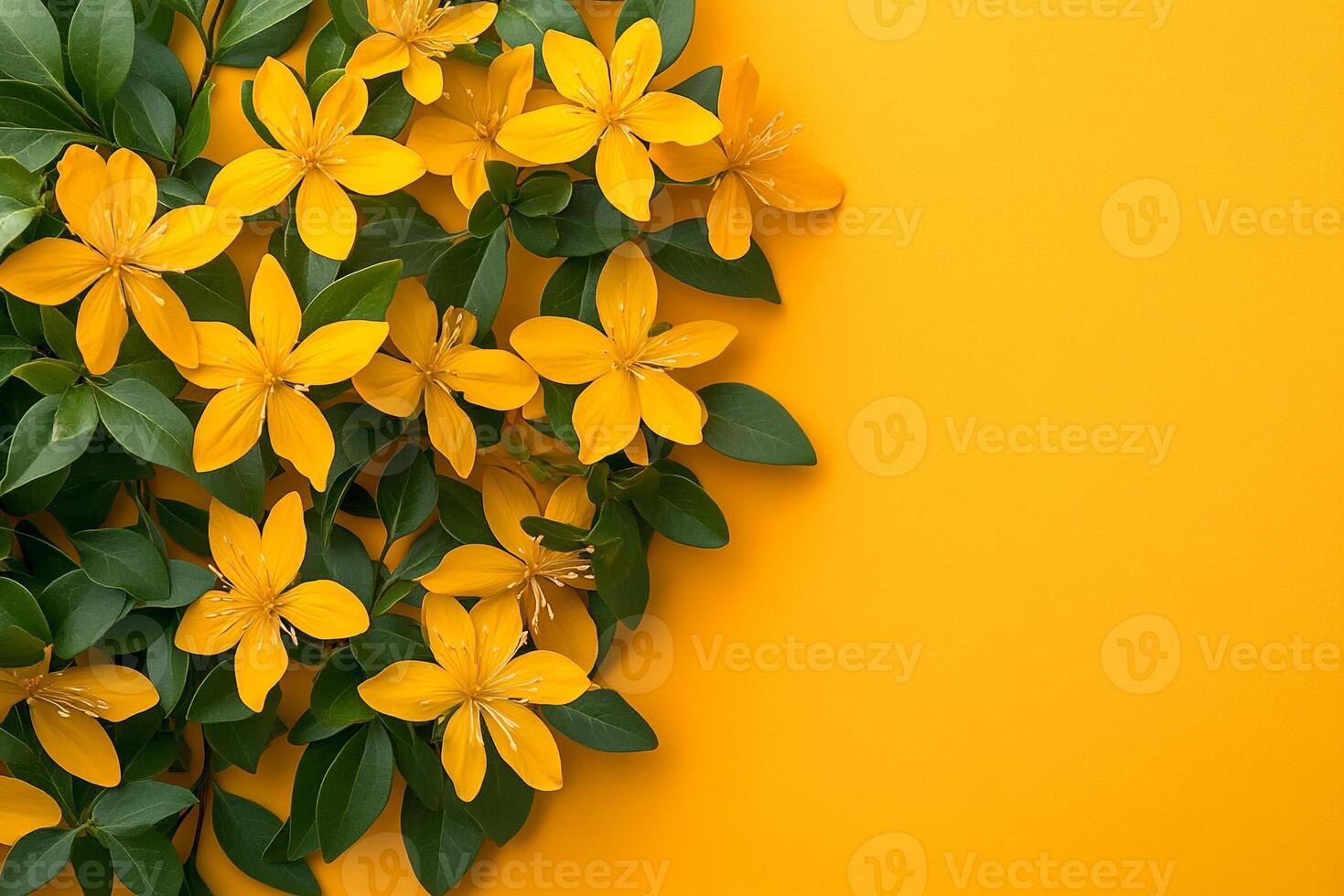 Top view Hypericum perforatum on a vibrant background, flower setting photo