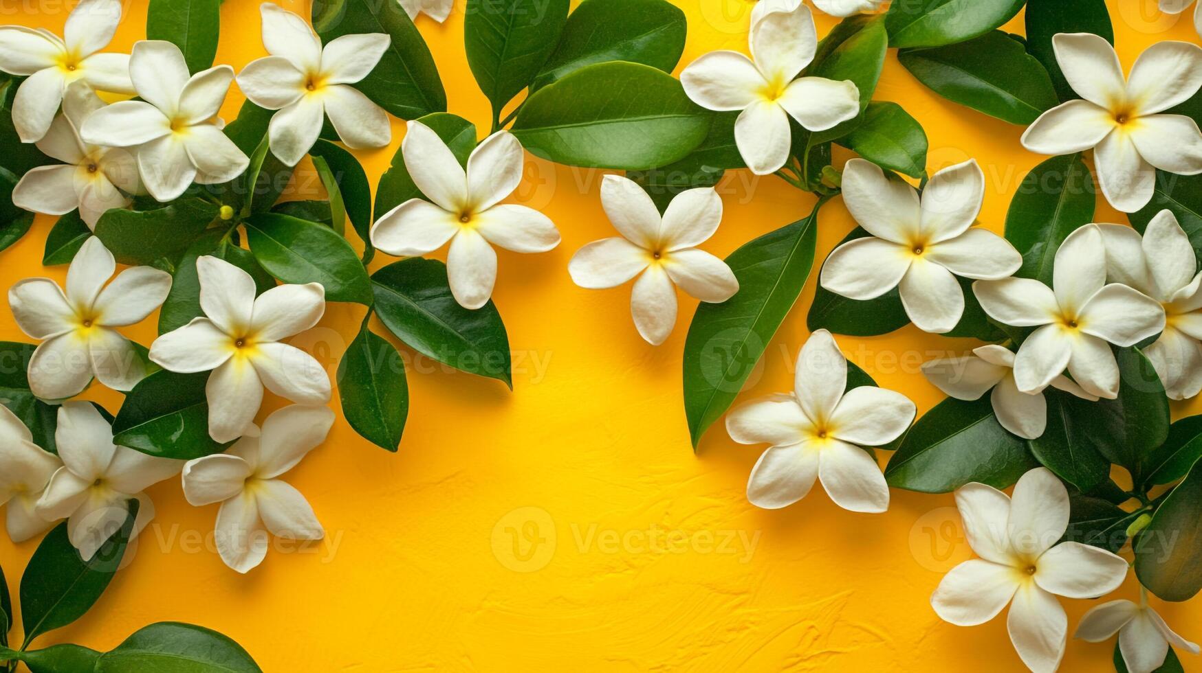 Top view Jasminum on a vibrant background, flower setting photo