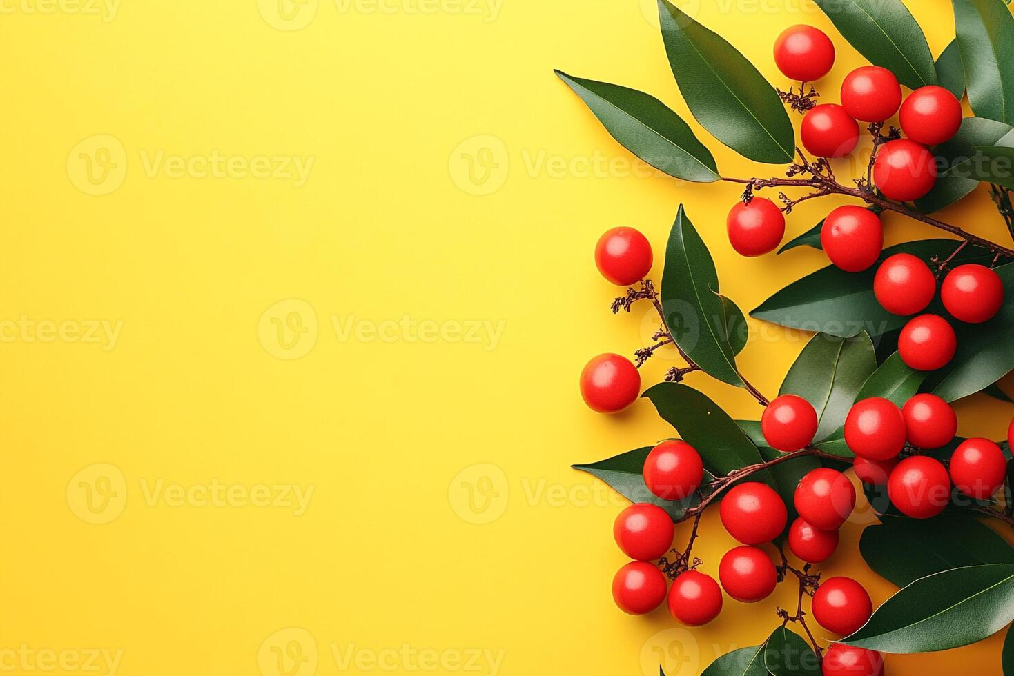 Nandina on a vibrant background, photorealistic top view Nandina flower photo