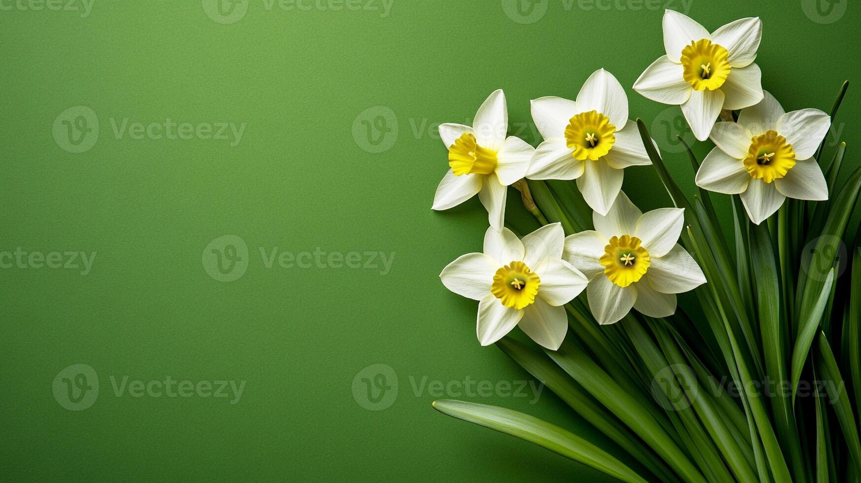Top view photorealistic Narcissus, flower set on a vibrant background photo