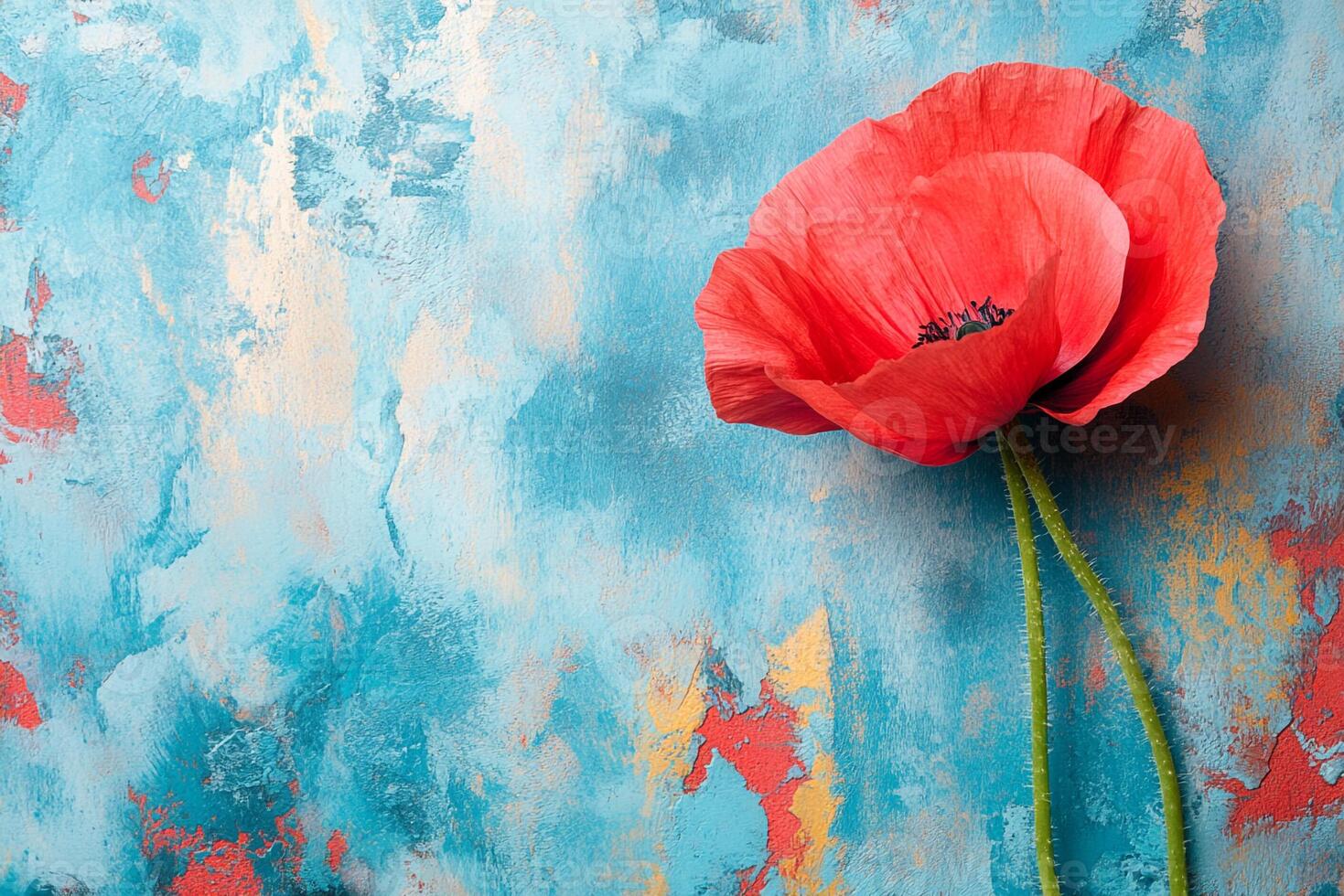Poppy on a vibrant background, photorealistic top view Poppy plant photo