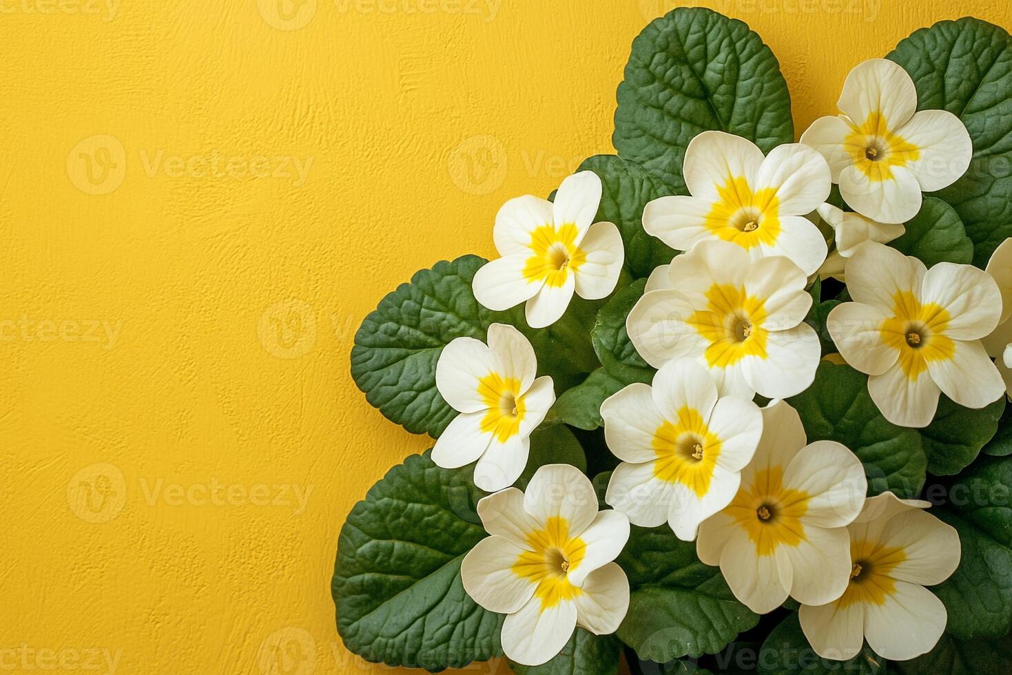 Primula veris on a vibrant background, top view photorealistic flower photo