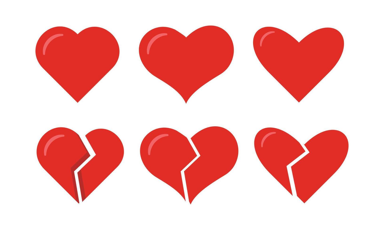 set of red heart and broken heart icons with different styles. vector
