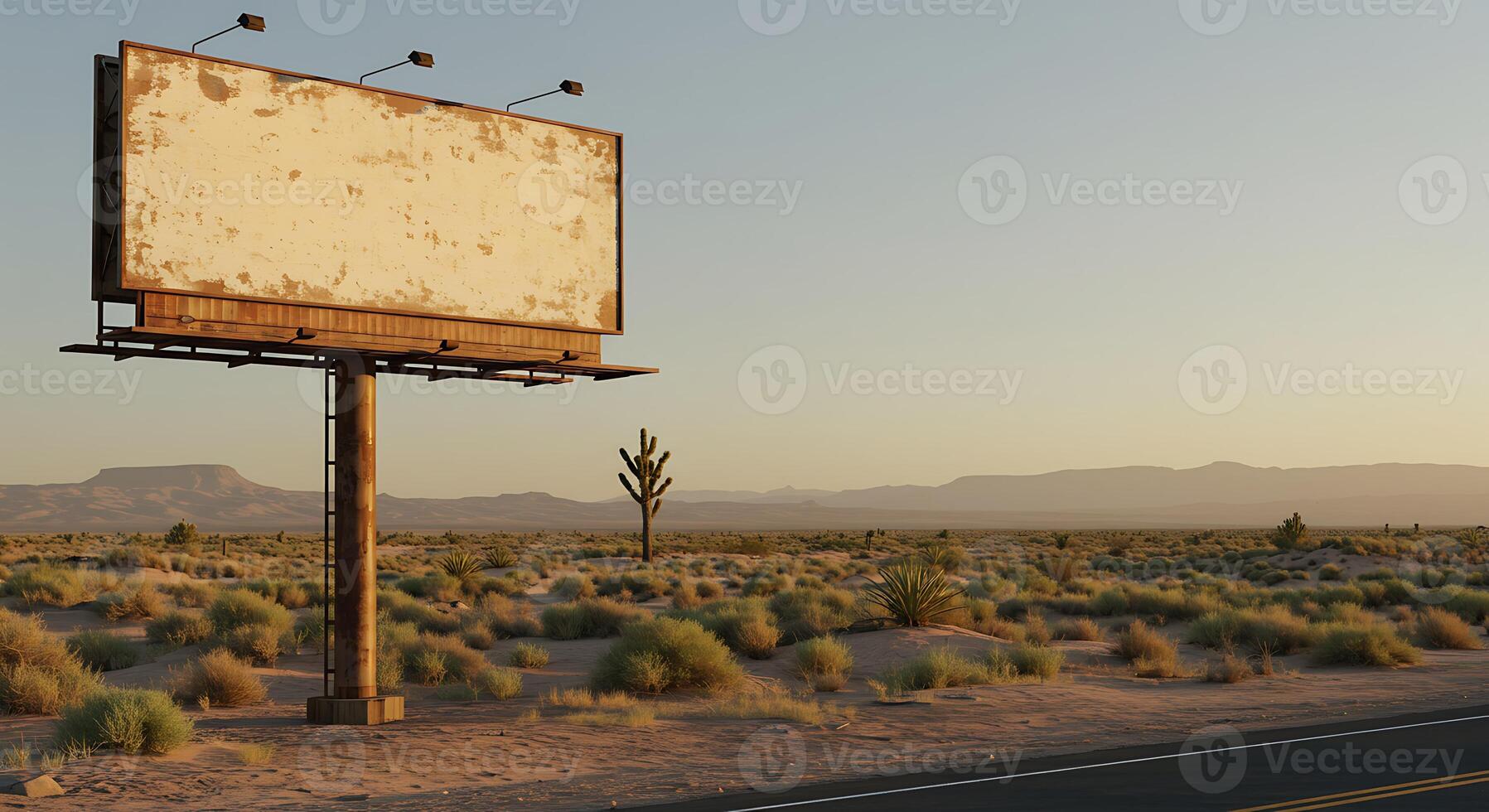 Billboard in Desert Landscape at Sunset with Empty Signboard photo