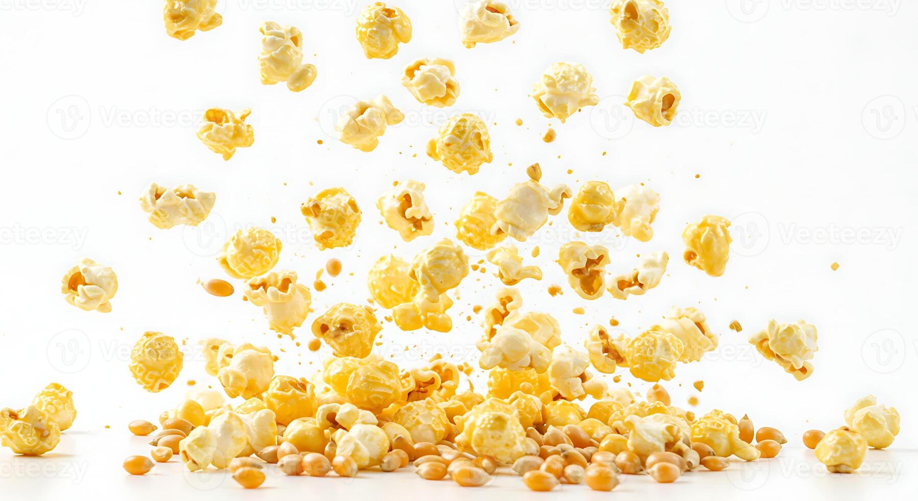 Popcorn Falling with Corn Kernels on a White Background photo