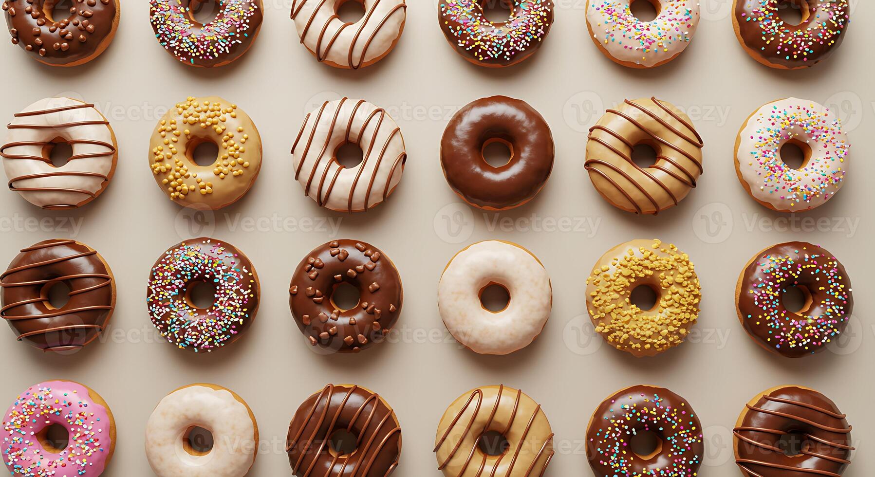 Assorted Doughnuts with Sprinkles and Chocolate Icing Overhead Flat Lay photo