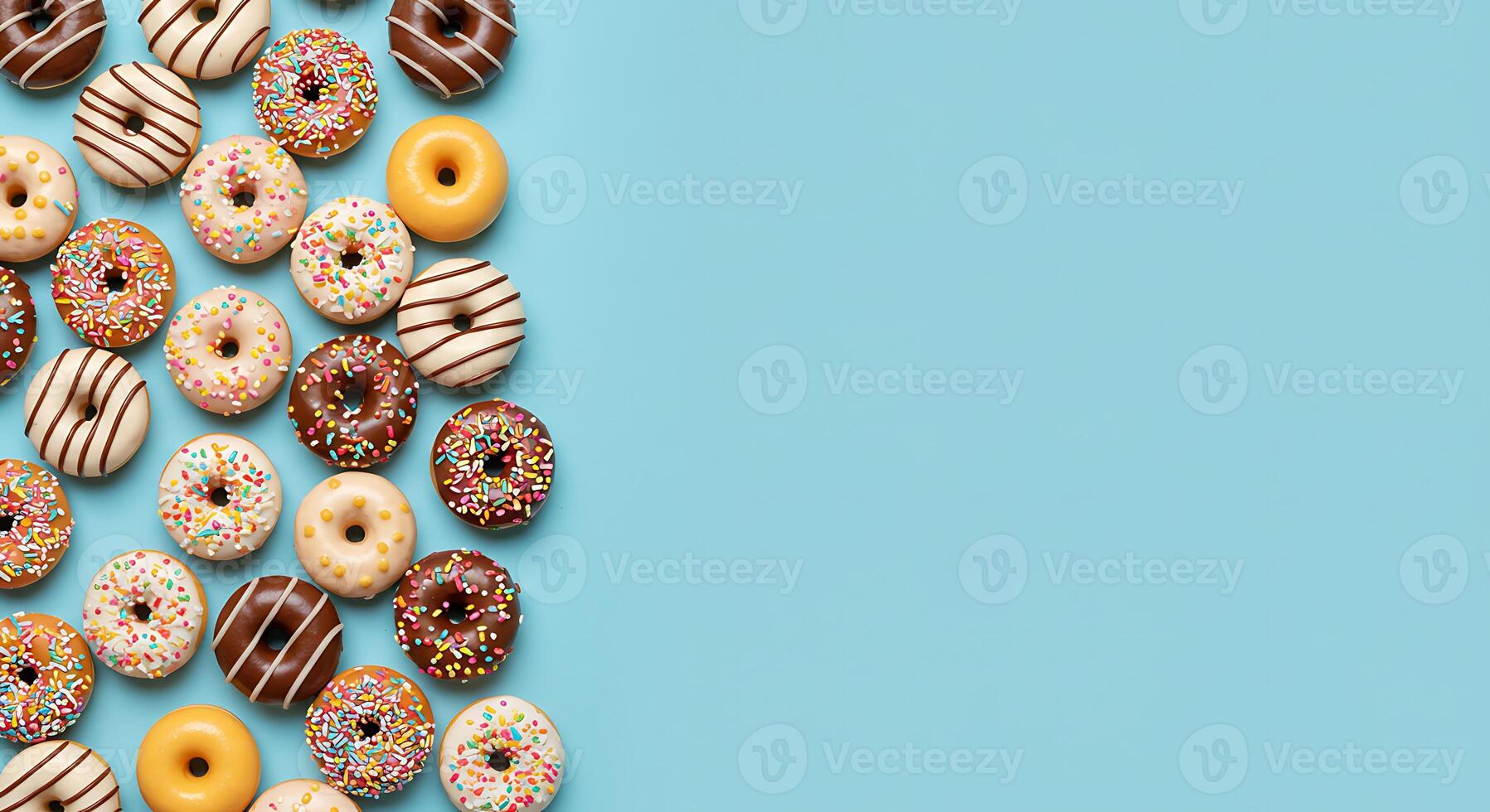 Colorful Donuts Arranged on Blue Background with Copy Space photo