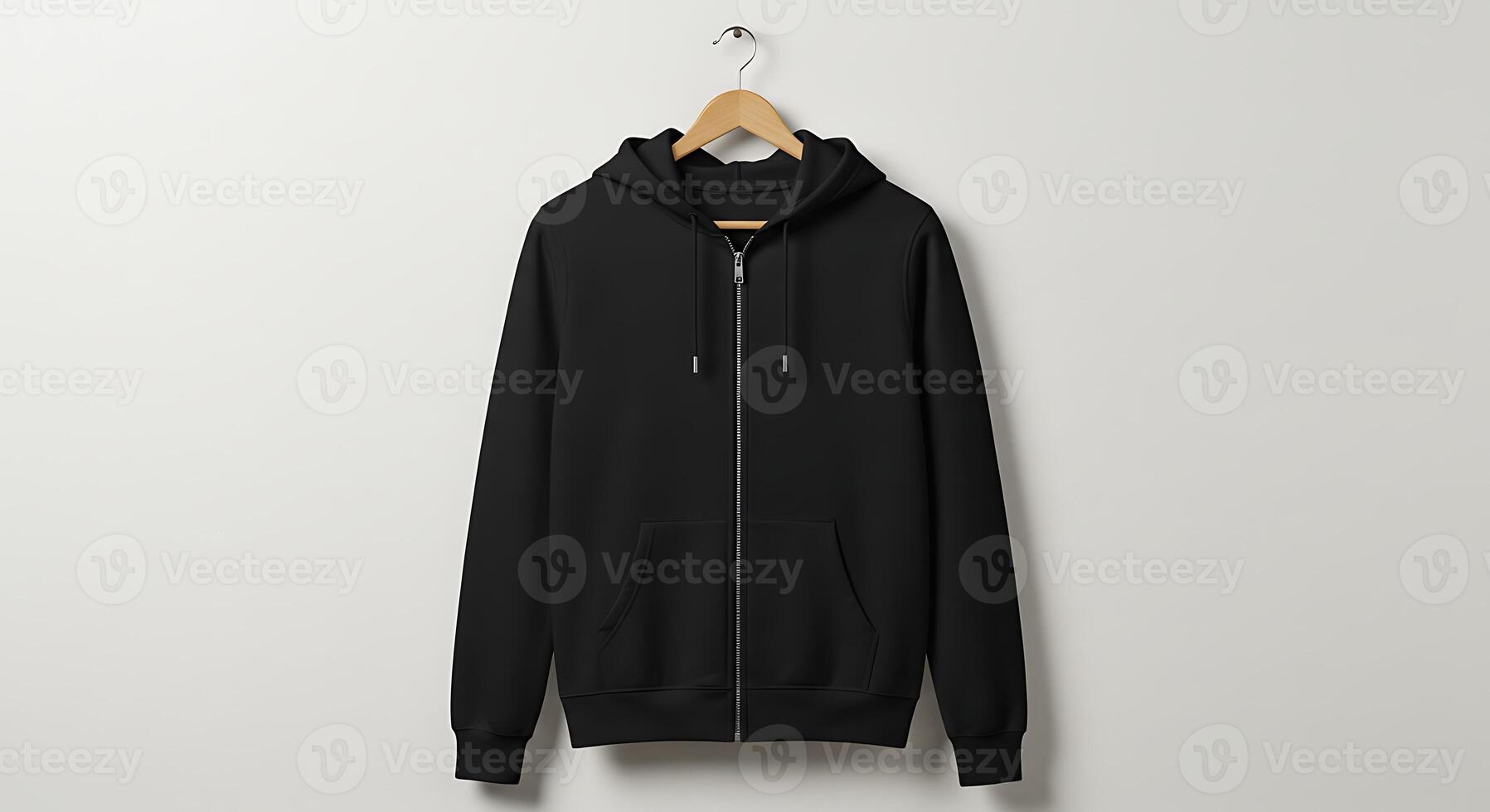 Black Hoodie Hanging on Wall Mockup with Zipper and Pockets photo