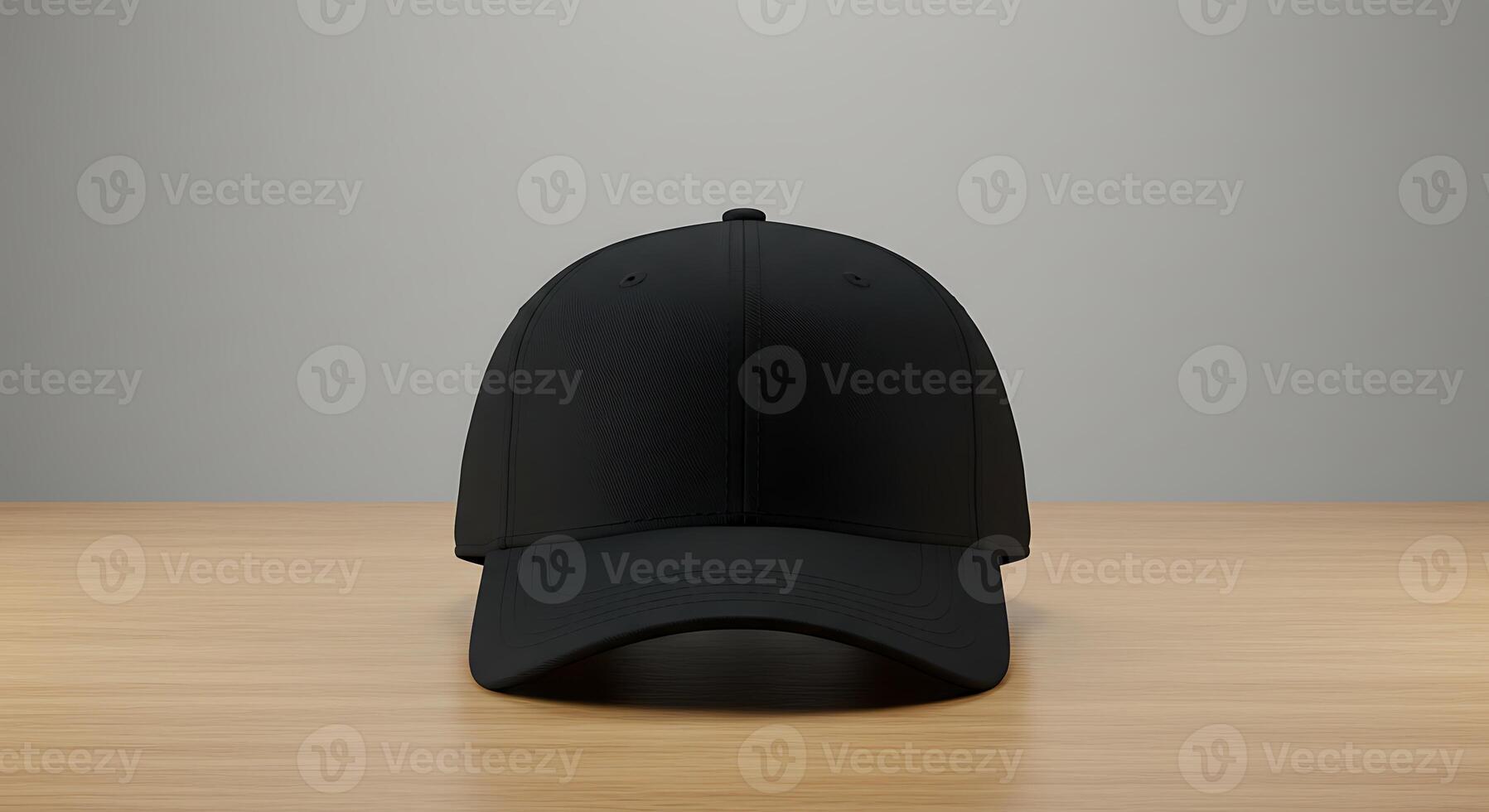 Black Baseball Cap on Wood Table Mockup Front View photo