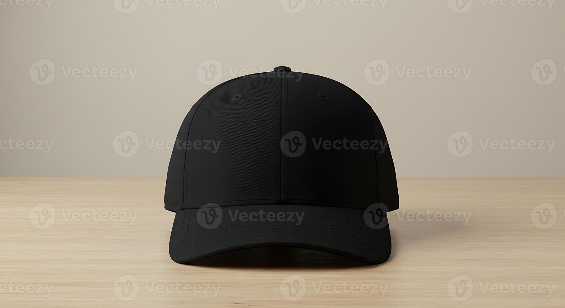 Black Baseball Cap Mockup on Wood Table Ready for Design photo