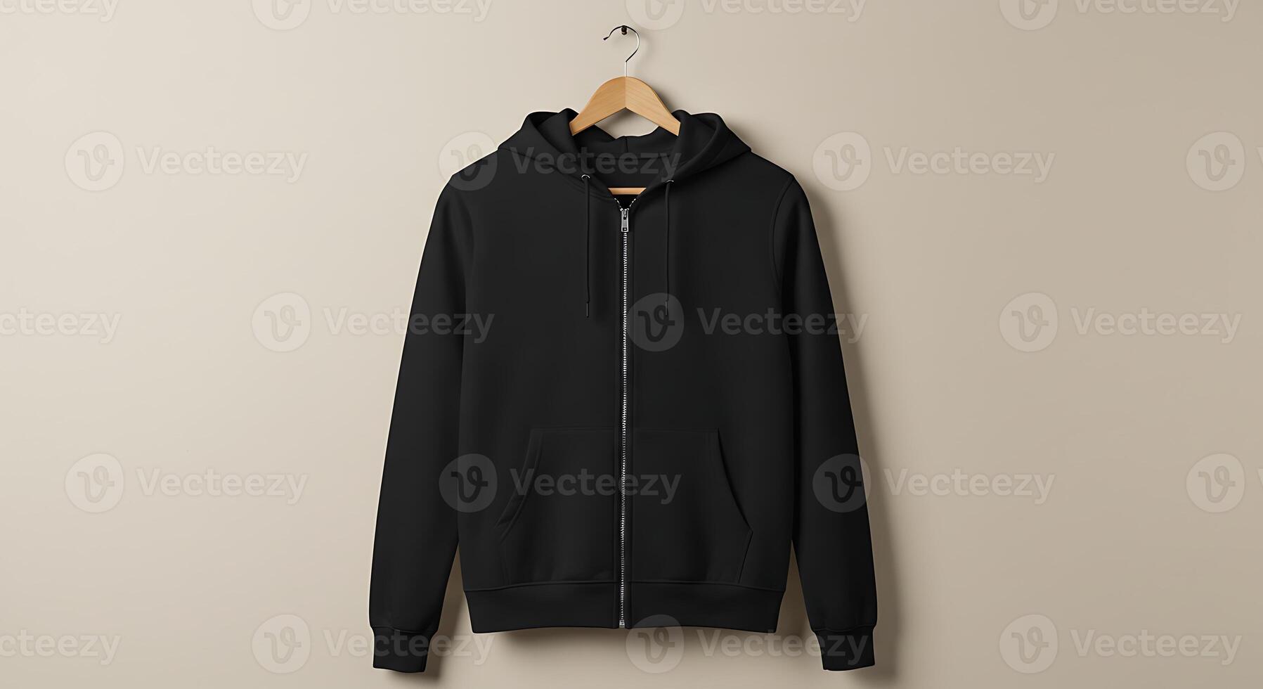 Black Zip Hoodie Hanging on Hanger Apparel Display photo