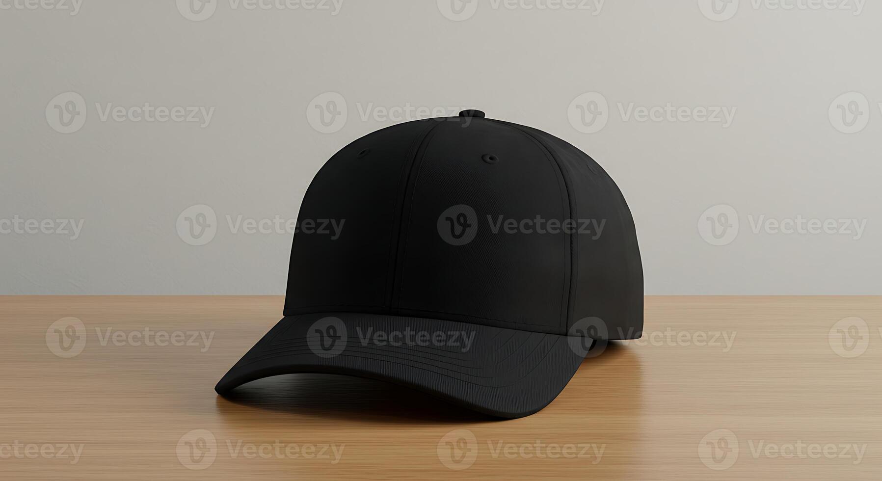 Black Baseball Cap on Wooden Surface Simple Design Mockup photo