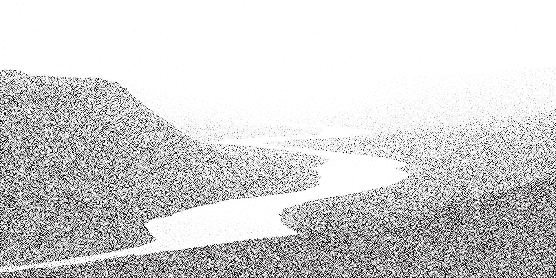 Grainy stipple halftone scene of a winding river through soft hills. Minimalist monochrome texture landscape illustration. vector